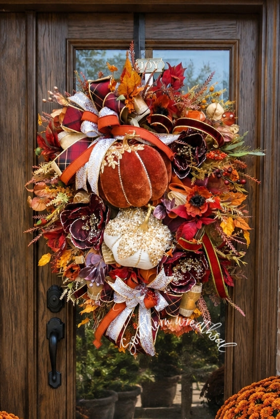 Luxury Fall Pumpkin Wreath, Burgundy Orange Gold Autumn Wreath, Velvet Pumpkin Front Door Decor, Elegant Thanksgiving Wreath