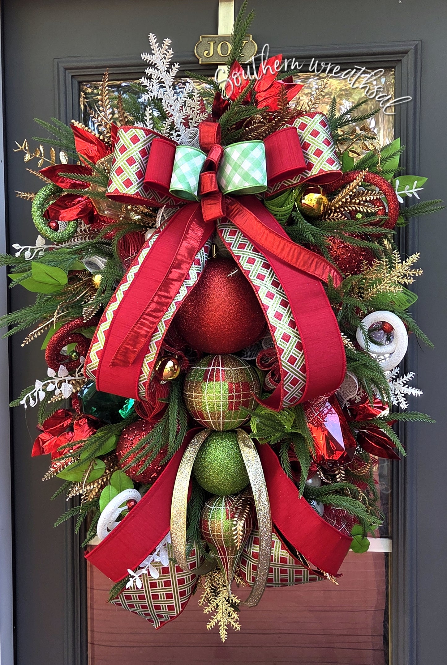 Deluxe Christmas Finial Door Wreath - Red Green Plaid Holiday Decor