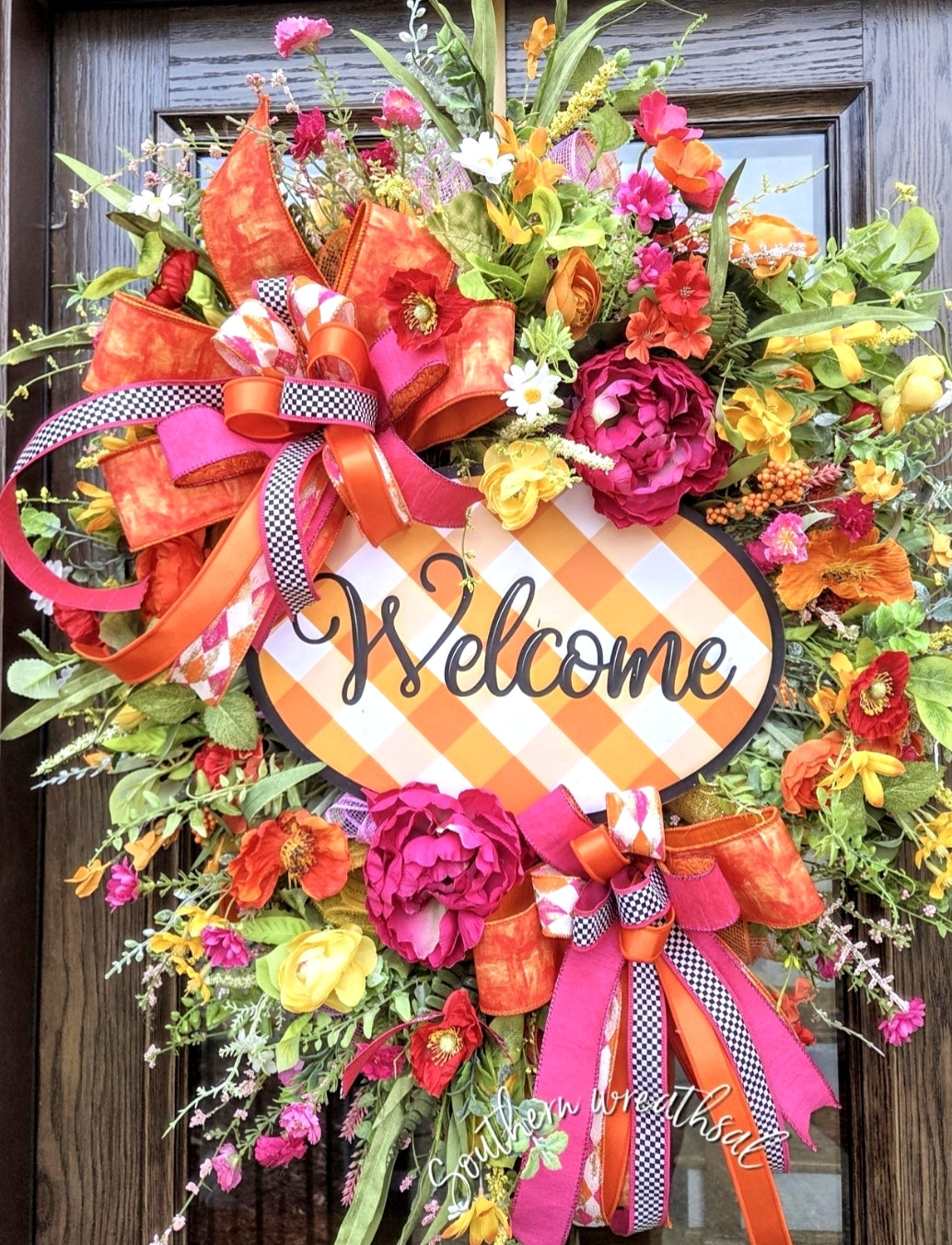 Deluxe Orange and Pink Spring Peony Welcome Door Wreath