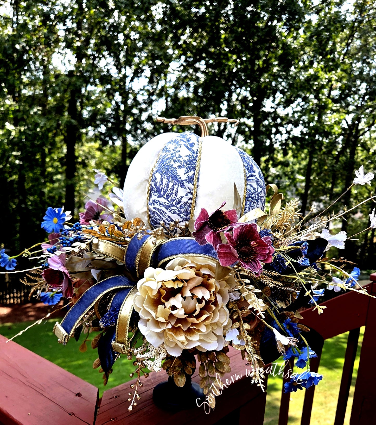 Blue & Cream Velvet Pumpkin Fall Arrangement | Elegant Navy & Gold Centerpiece