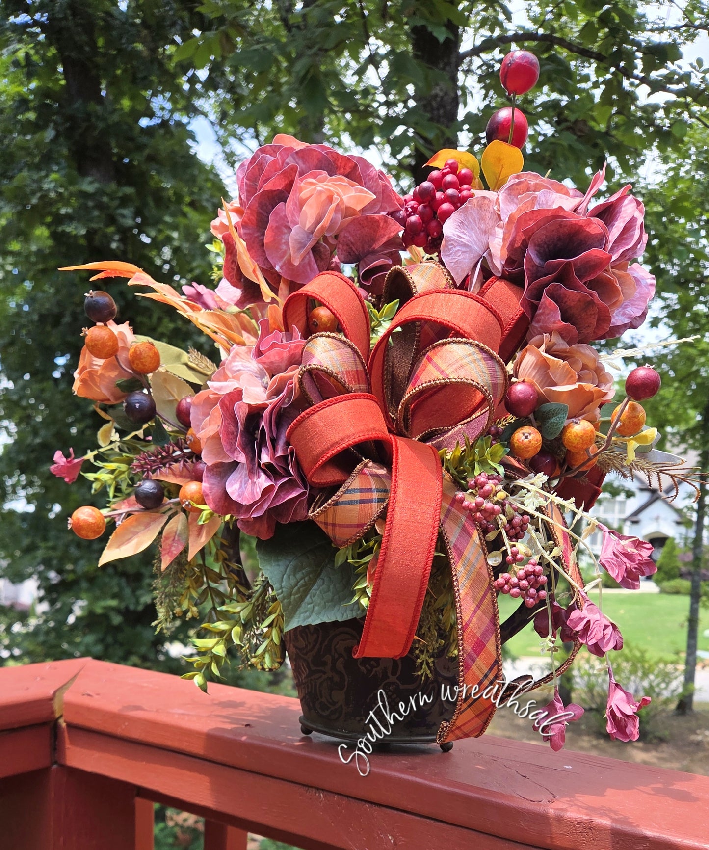 Elegant Hydrangea Fall Centerpiece, Burgundy Orange Autumn Floral Arrangement