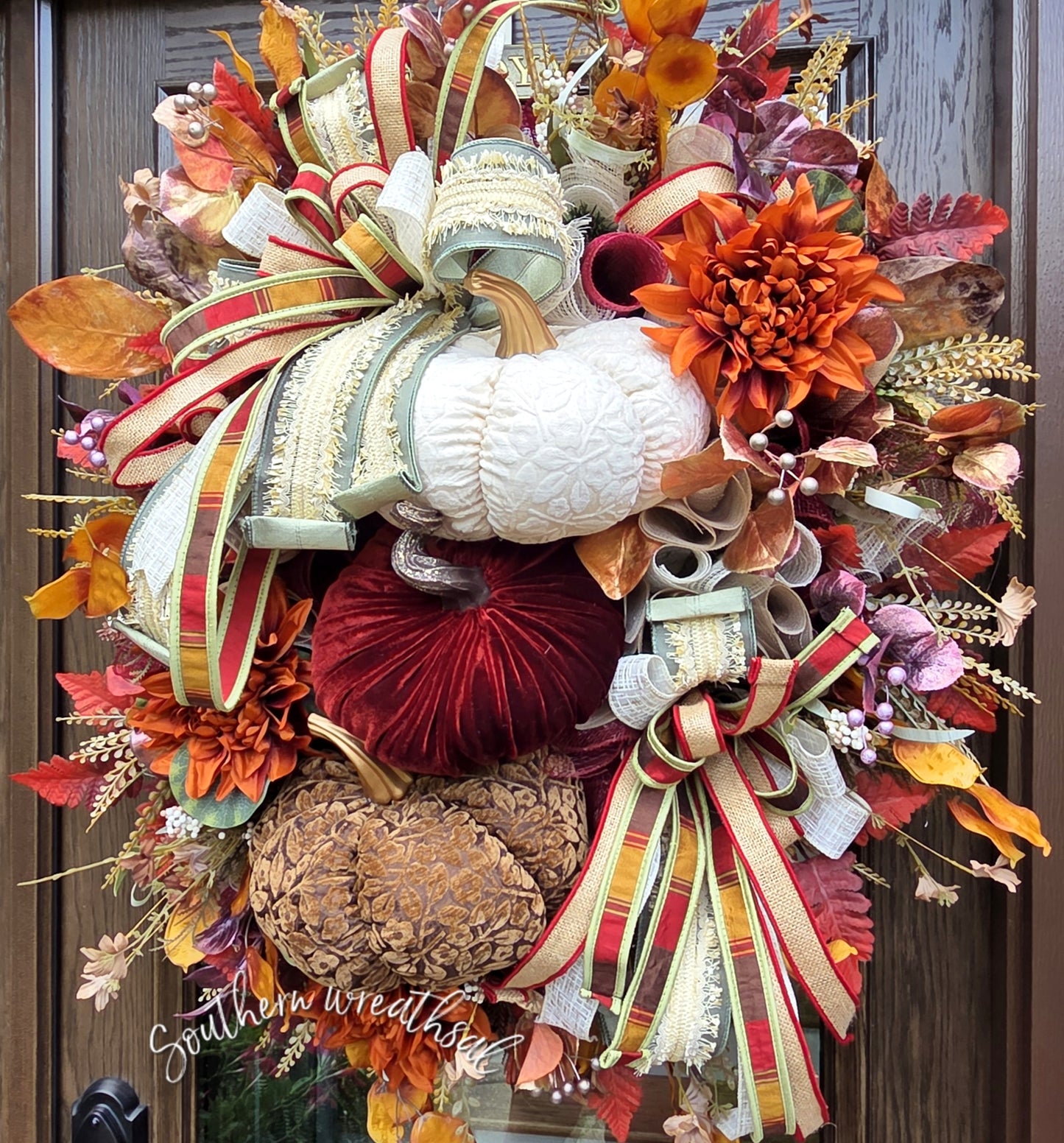 Deluxe Triple Velvet Pumpkin Fall Wreath