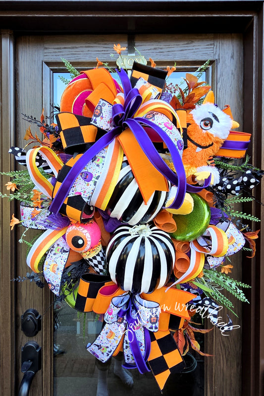 Halloween Monster Wreath, Whimsical Black & White Pumpkin Halloween Wreath