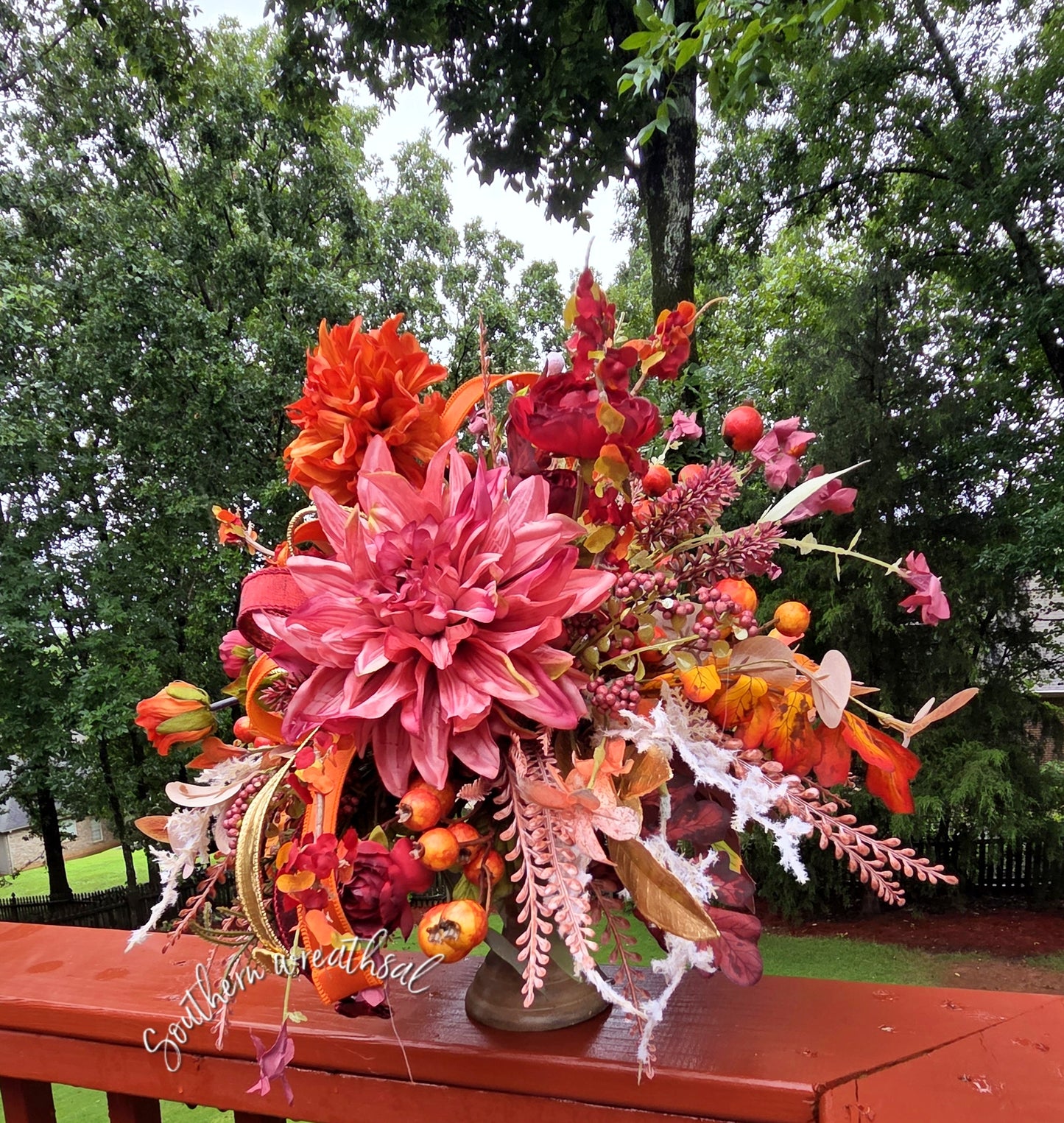 Deluxe Orange & Burgundy Dahlia Fall Floral Arrangement