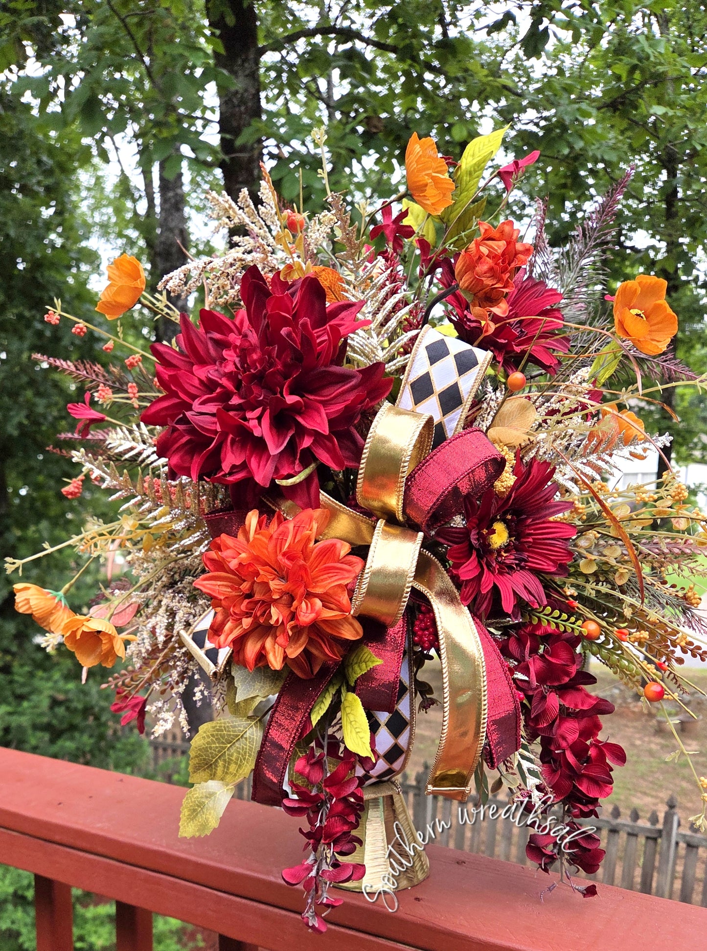Elegant Burgundy Orange Fall Floral Arrangement, Gold Candlestick Centerpiece