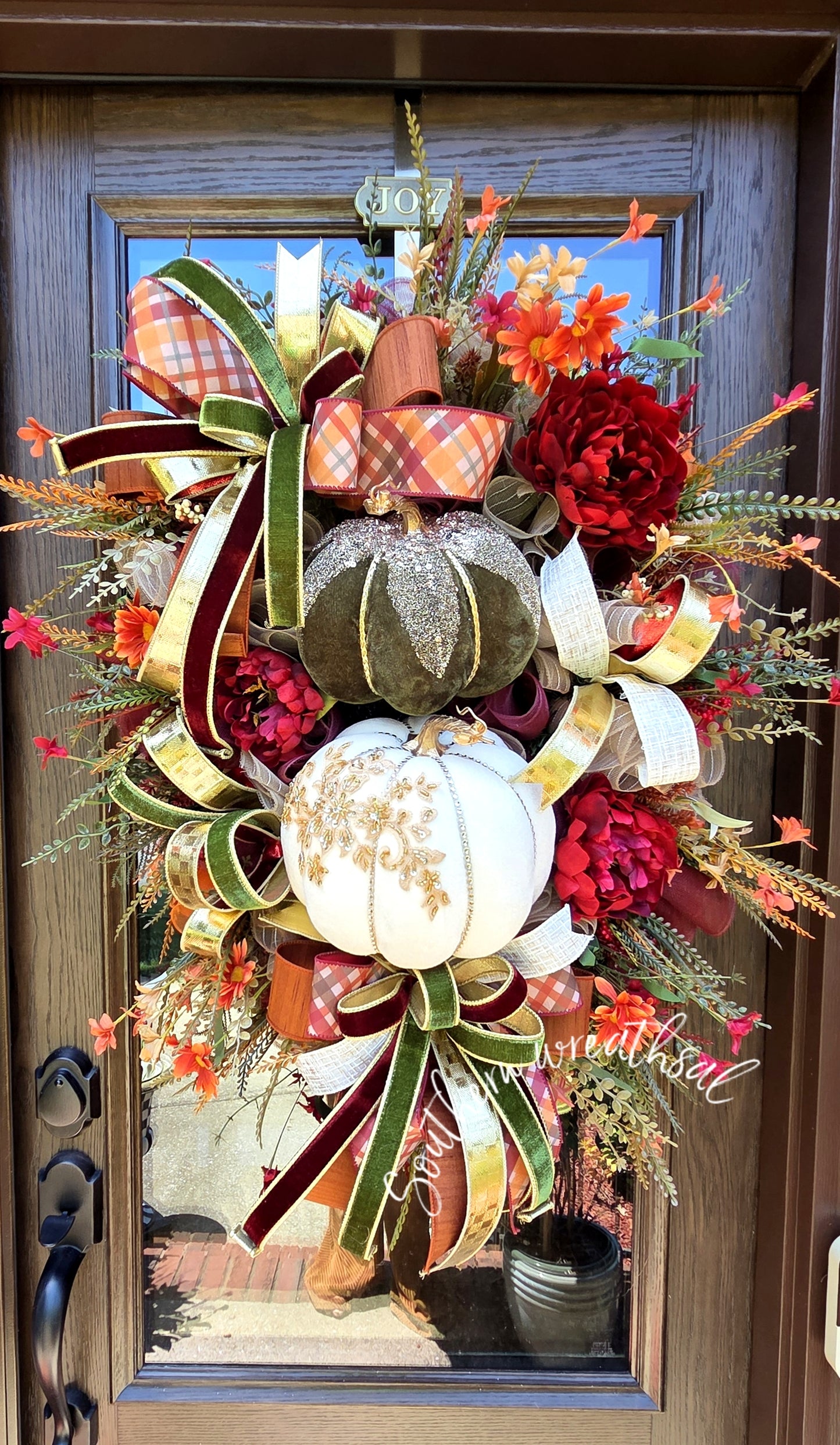 Deluxe Cream & Olive Velvet Pumpkin Fall Wreath – 38" Luxury Autumn Door Wreath