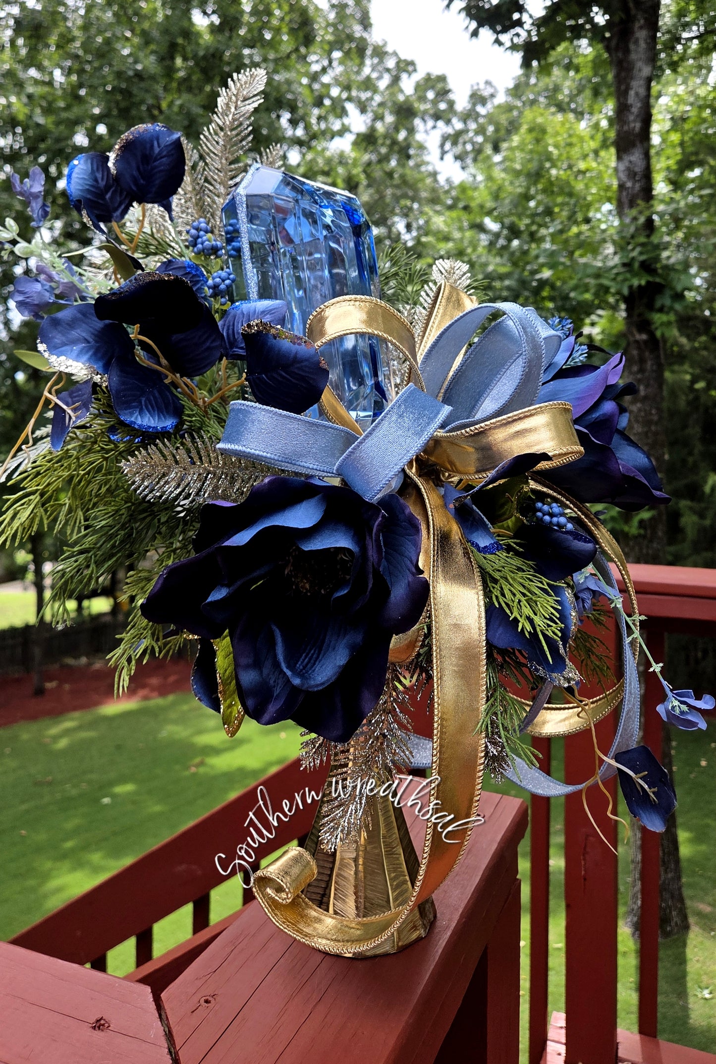 Navy Blue Fall Magnolia & Gem Floral Arrangement
