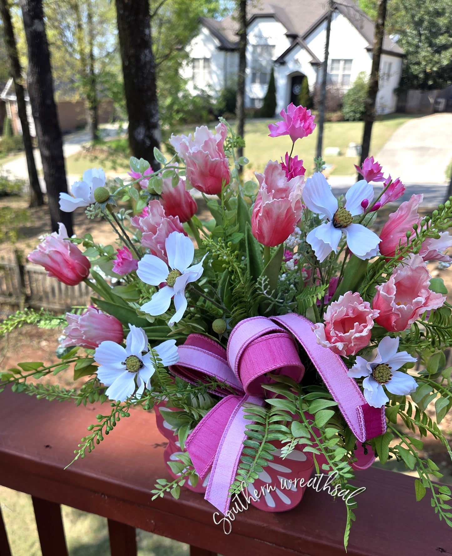 Pink Parrot Tulip Butterfly Floral Arrangement – Spring Summer Centerpiece with Designer Ribbon Bow and Lush Greenery