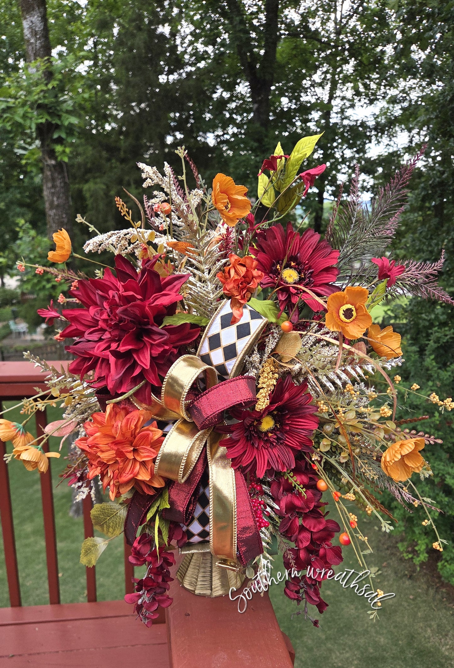 Elegant Burgundy Orange Fall Floral Arrangement, Gold Candlestick Centerpiece