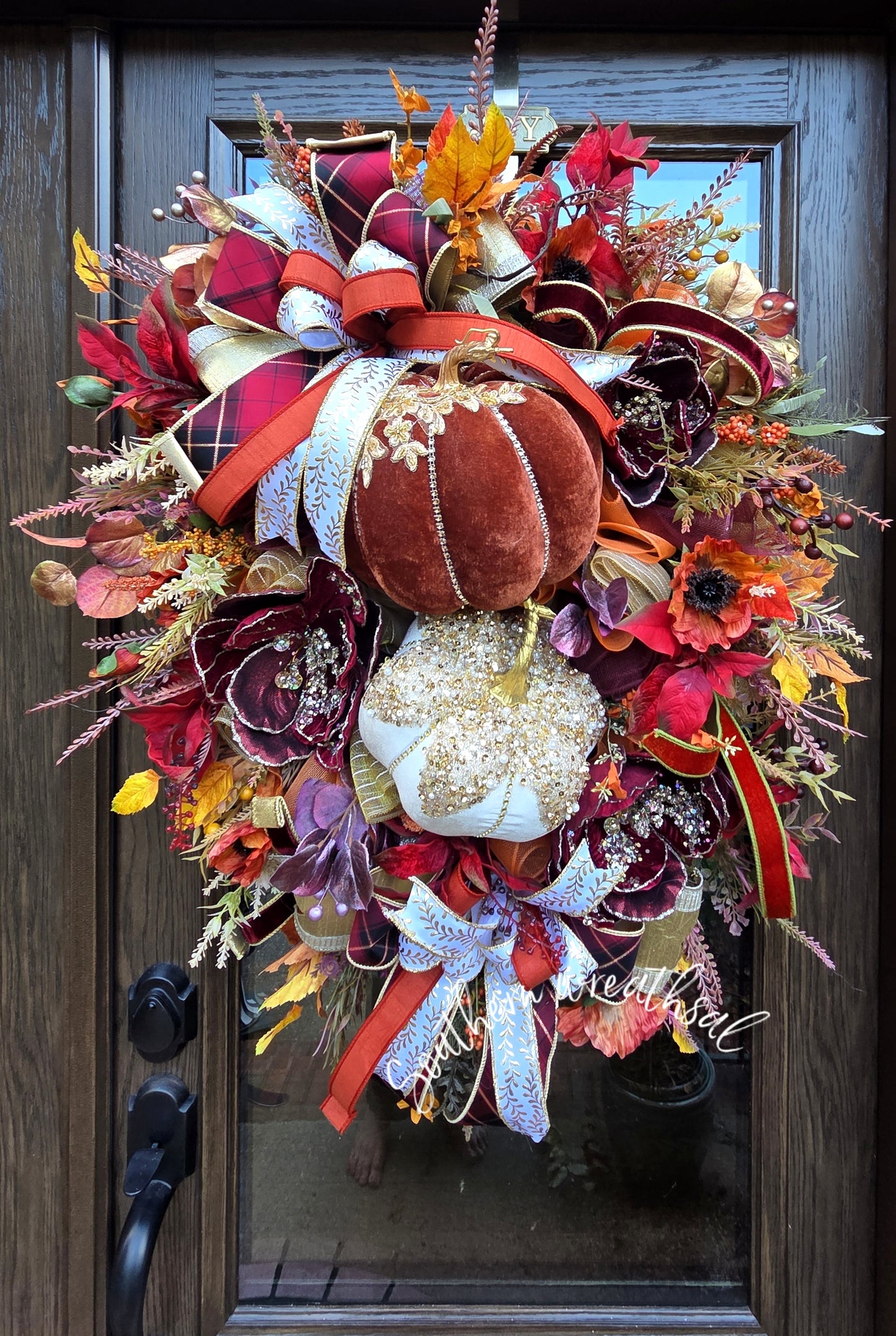 Luxury Fall Pumpkin Wreath, Burgundy Orange Gold Autumn Wreath, Velvet Pumpkin Front Door Decor, Elegant Thanksgiving Wreath