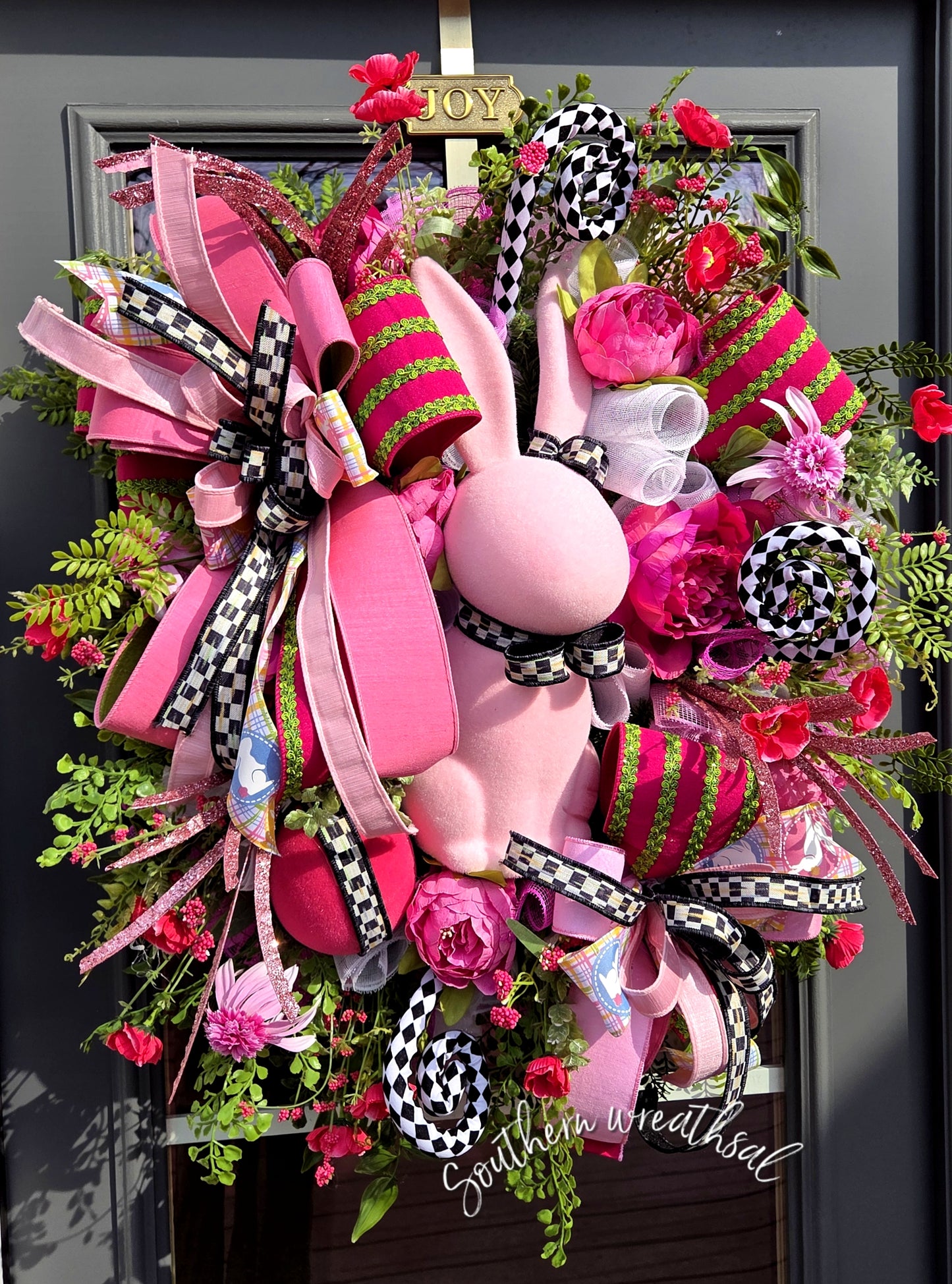 Pink Flocked Easter Bunny Wreath, Hot Pink Peony Door Decor