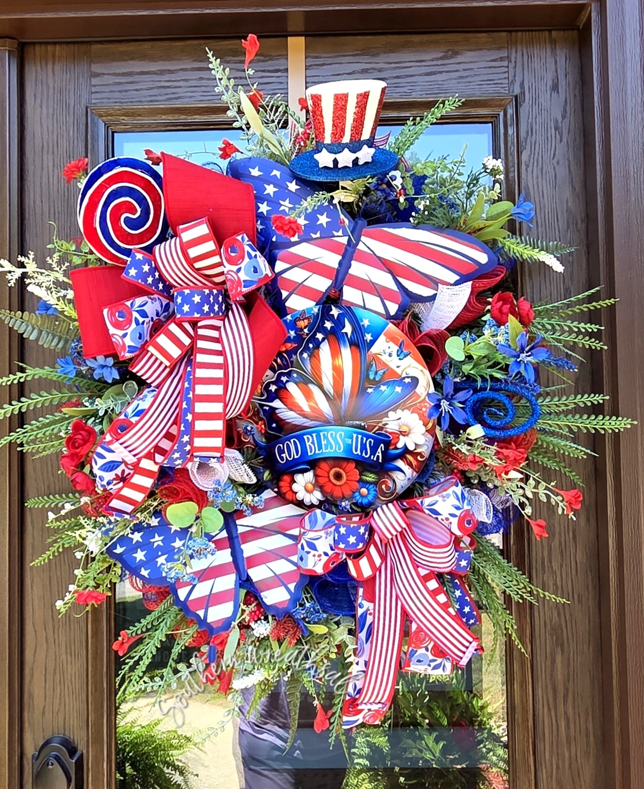 God Bless USA Butterfly Wreath, Red White Blue Americana Door Decor
