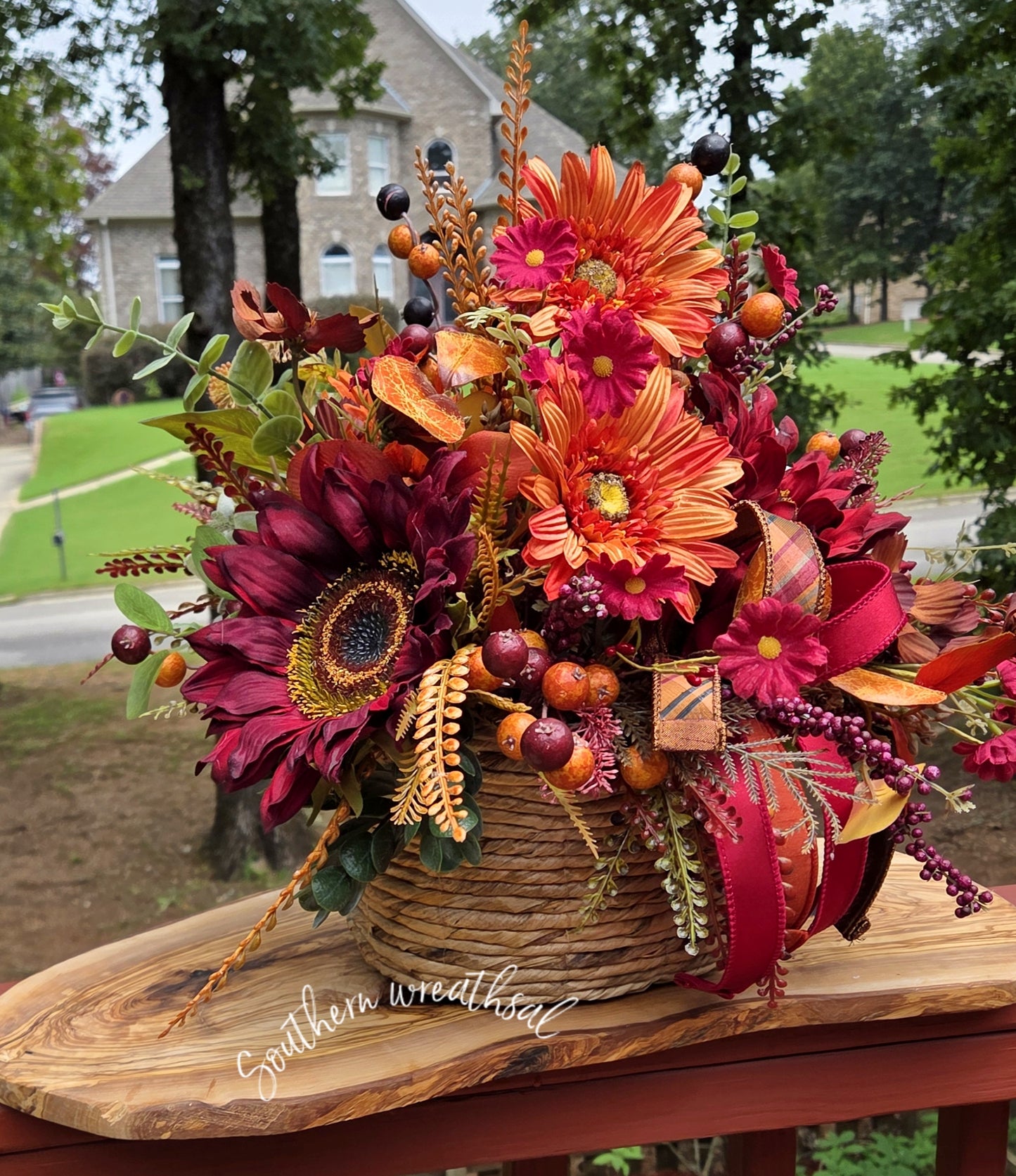 Large Burgundy Sunflower Fall Centerpiece, Autumn Floral Arrangement