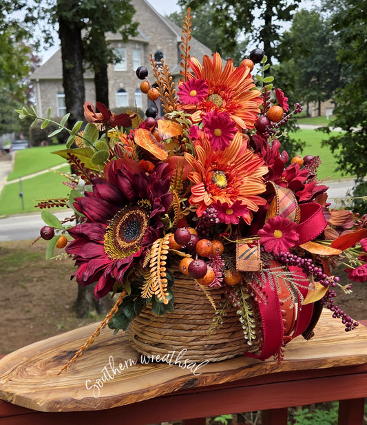 Large Burgundy Sunflower Fall Centerpiece, Autumn Floral Arrangement