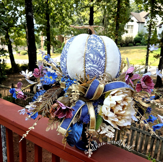 Blue & Cream Velvet Pumpkin Fall Arrangement | Elegant Navy & Gold Centerpiece