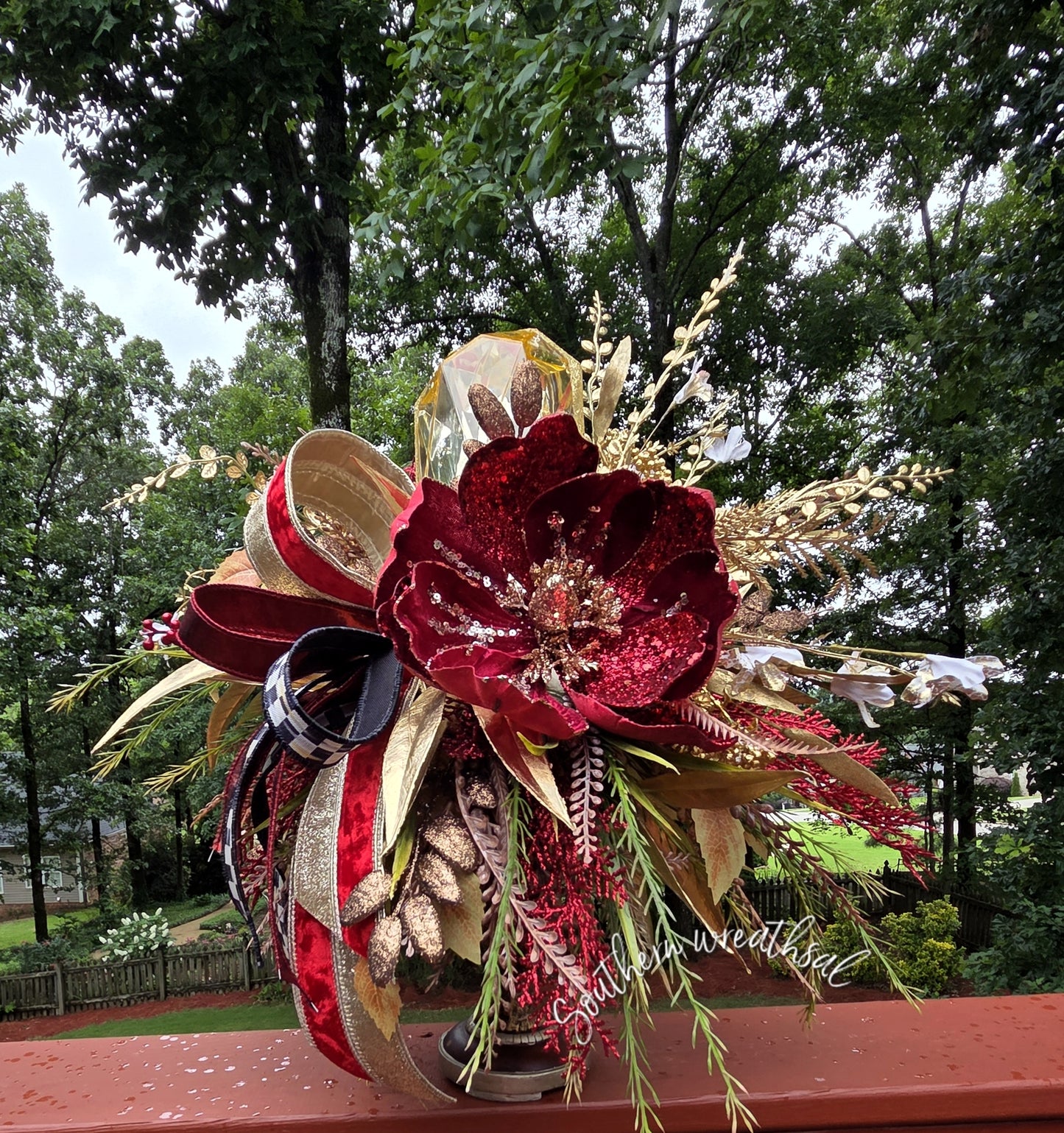 Burgundy Poinsettia Christmas Arrangement, Elegant Holiday Centerpiece