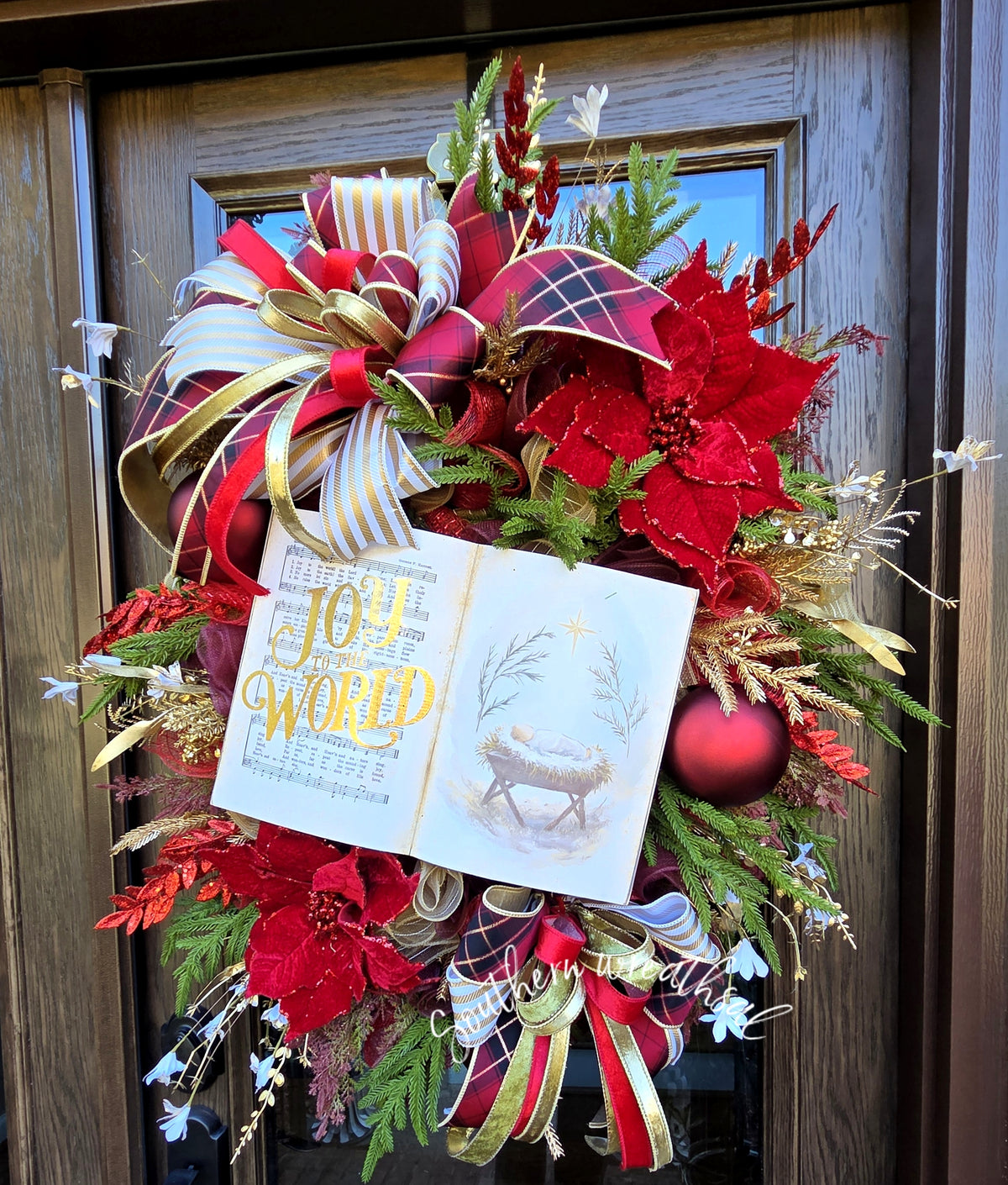 Joy to the World Christmas Wreath | Red, Burgundy & Gold Nativity Holiday Wreath