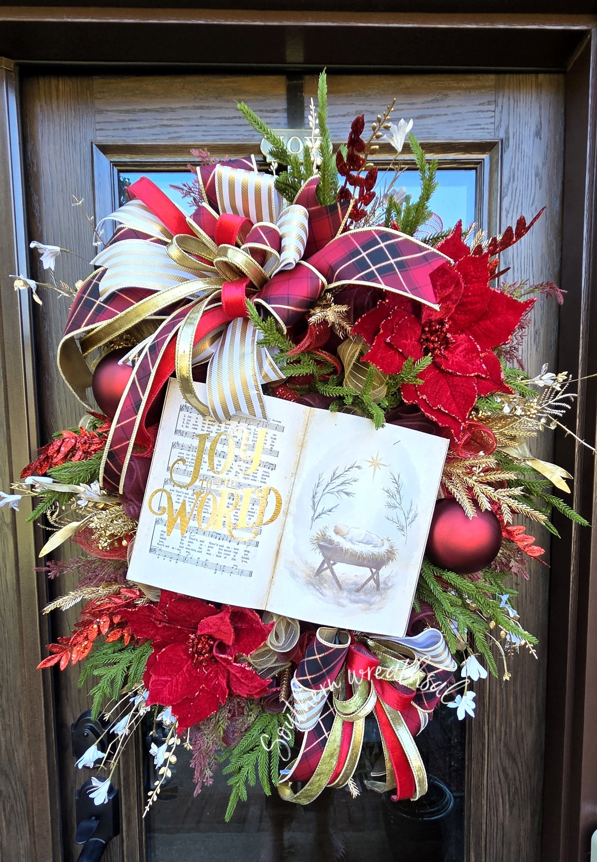 Joy to the World Christmas Wreath | Red, Burgundy & Gold Nativity Holiday Wreath