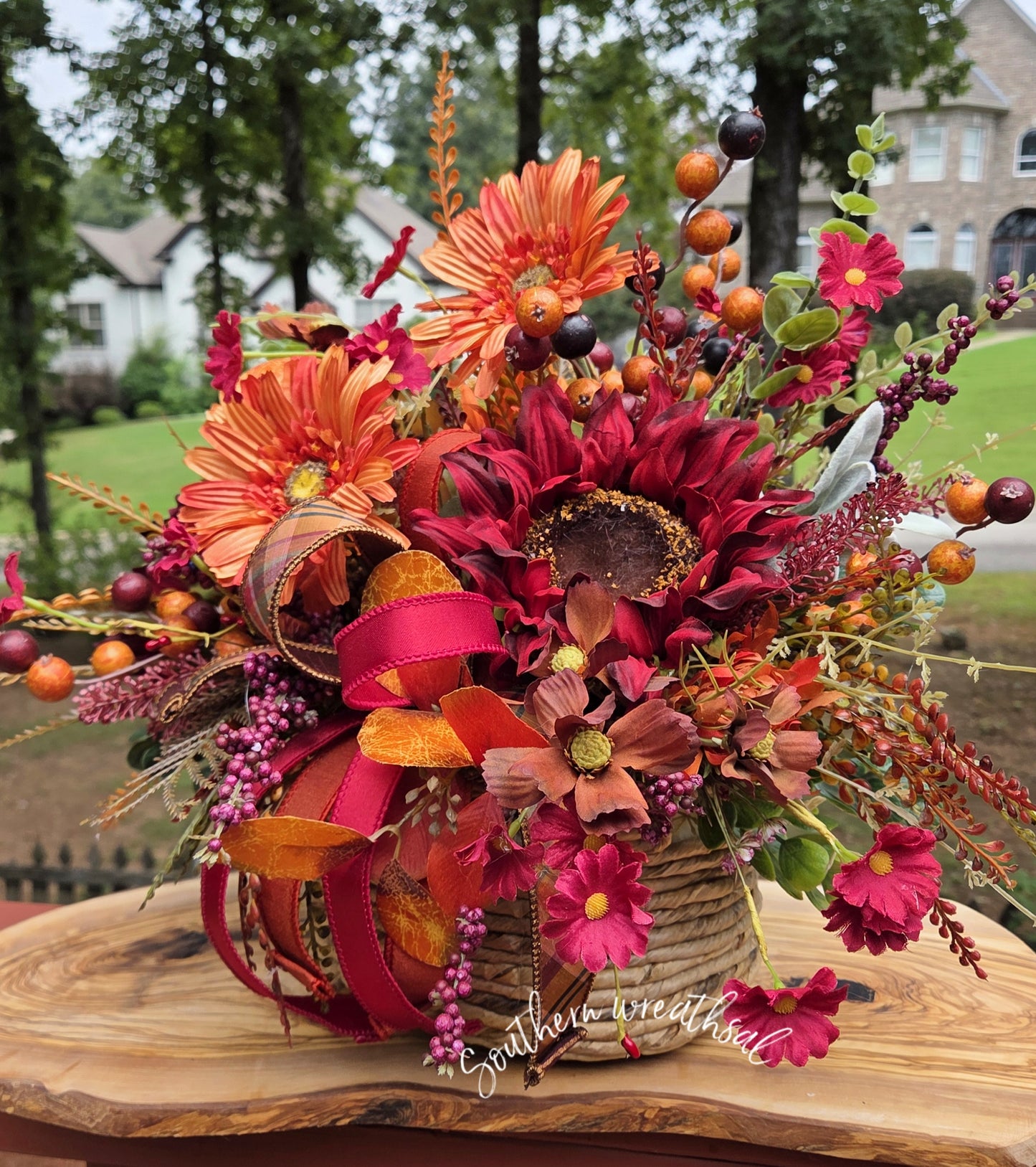 Large Burgundy Sunflower Fall Centerpiece, Autumn Floral Arrangement