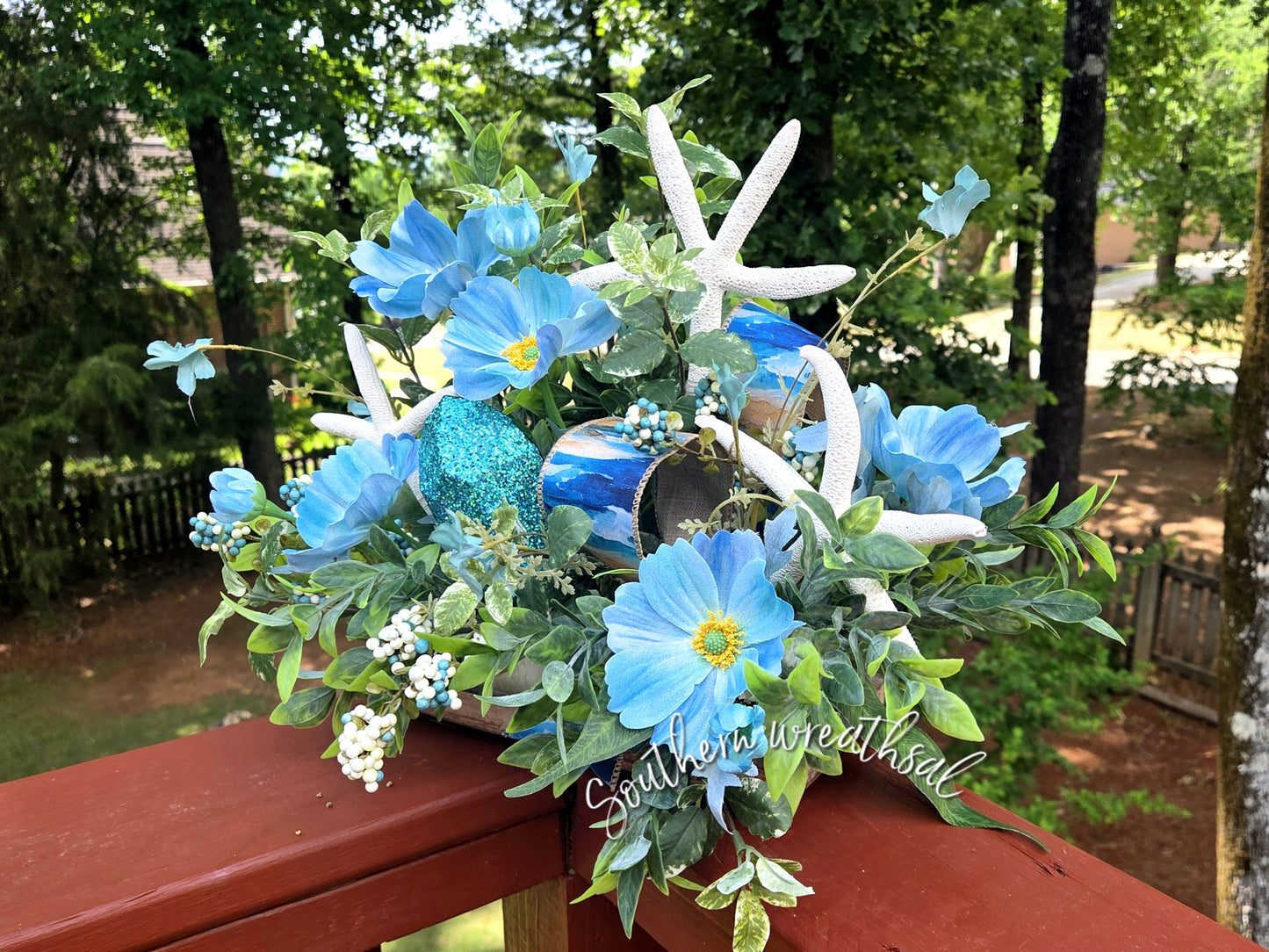 Coastal Blue Floral Dough Bowl Arrangement