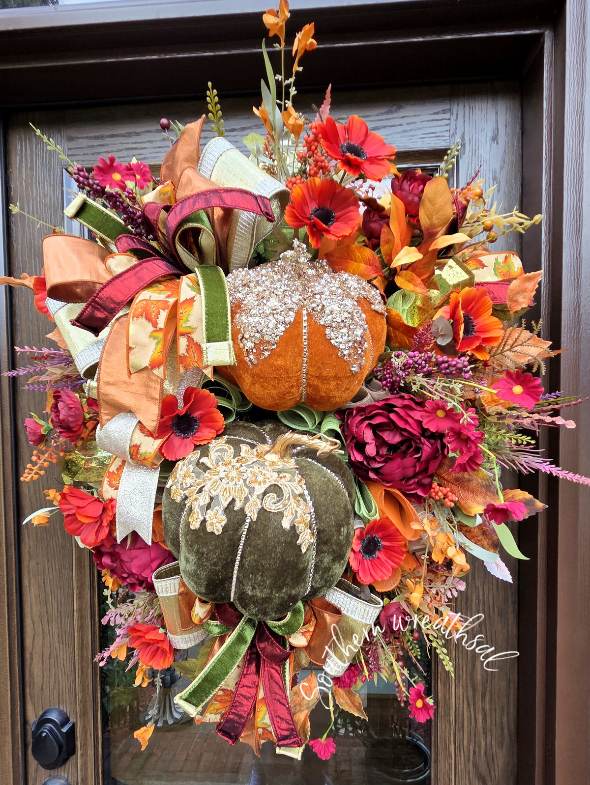 Deluxe Glam Velvet Pumpkin & Jeweled Fall Door Wreath