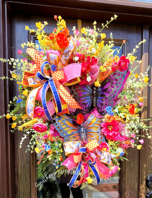 Double Butterfly Pink and Orange Spring Door Wreath