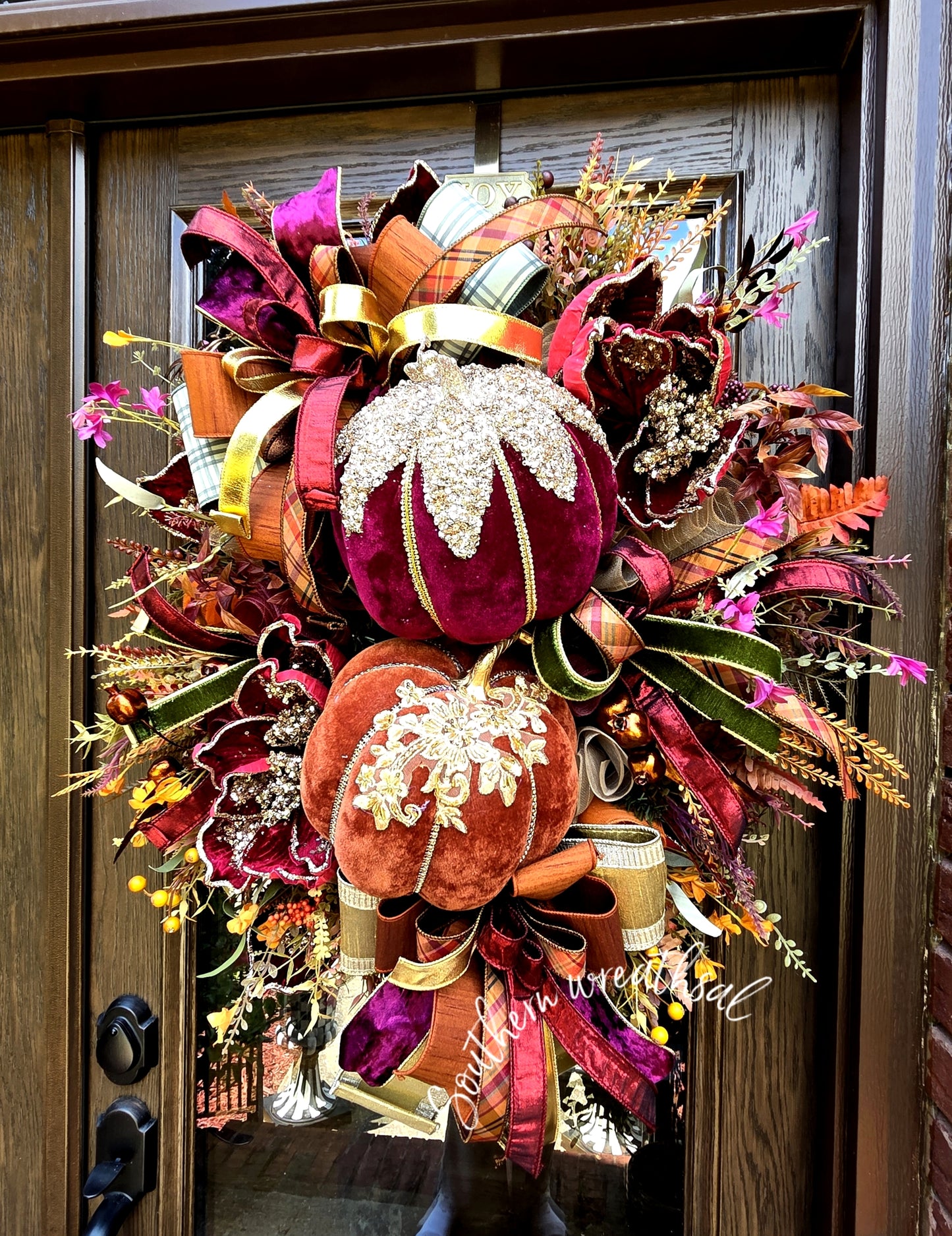 Double Velvet Pumpkin  Glam Fall Wreath-Burgundy & Orange