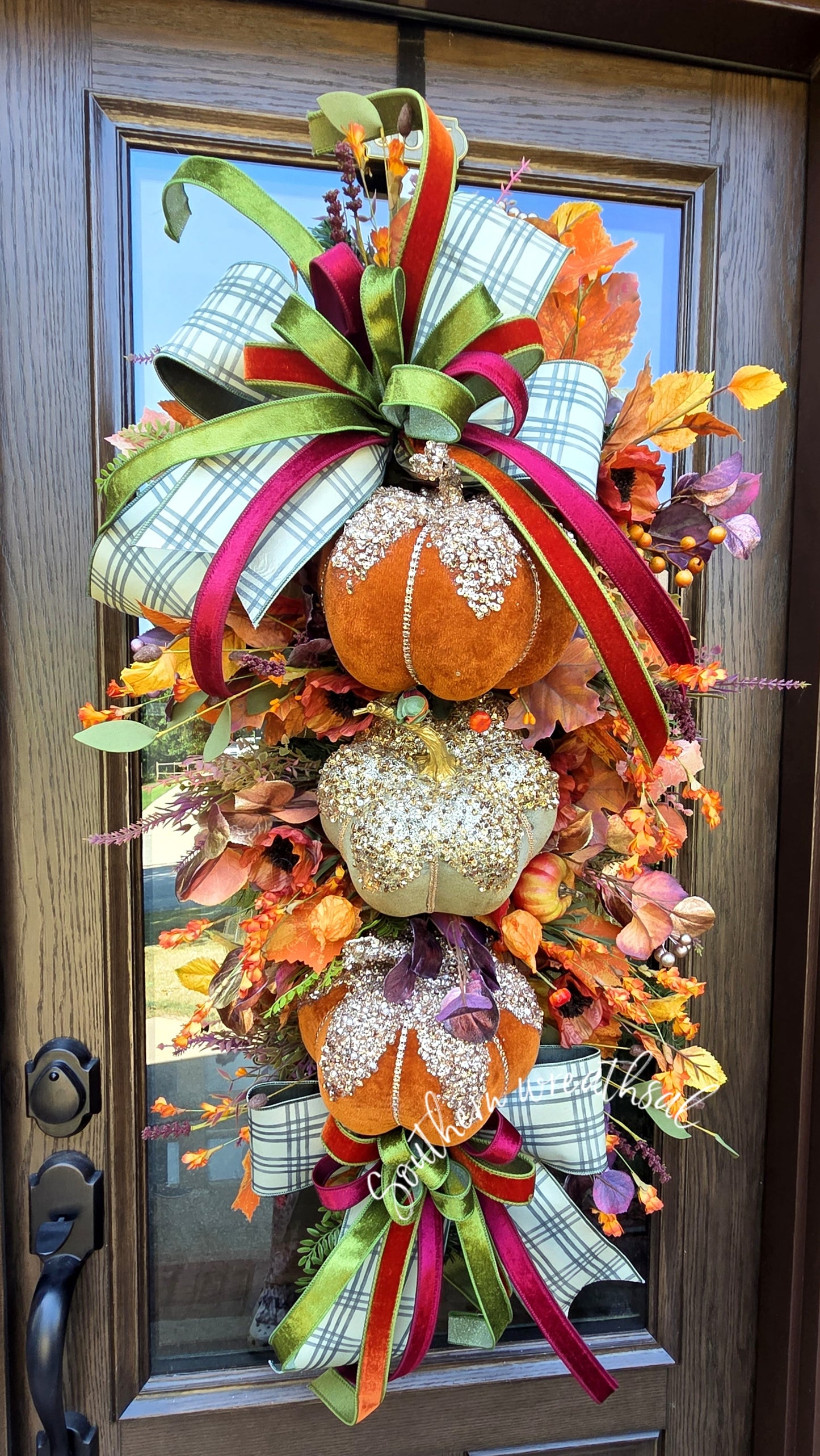 Triple Glam Pumpkin Fall Door Wreath / Swag * Thanksgiving Autumn Door Wreath