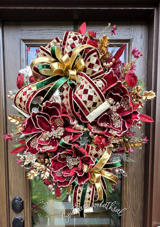 Luxury Deluxe Burgundy Velvet Gold Christmas Wreath