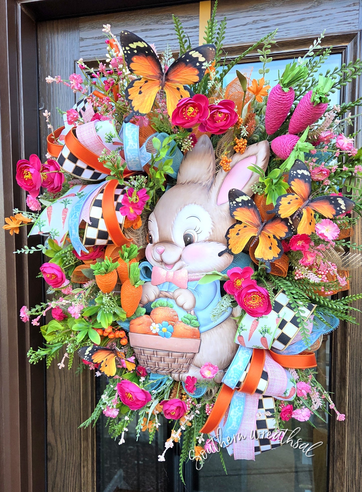 Whimsical Easter Bunny Wreath with Carrot Basket & Butterflies