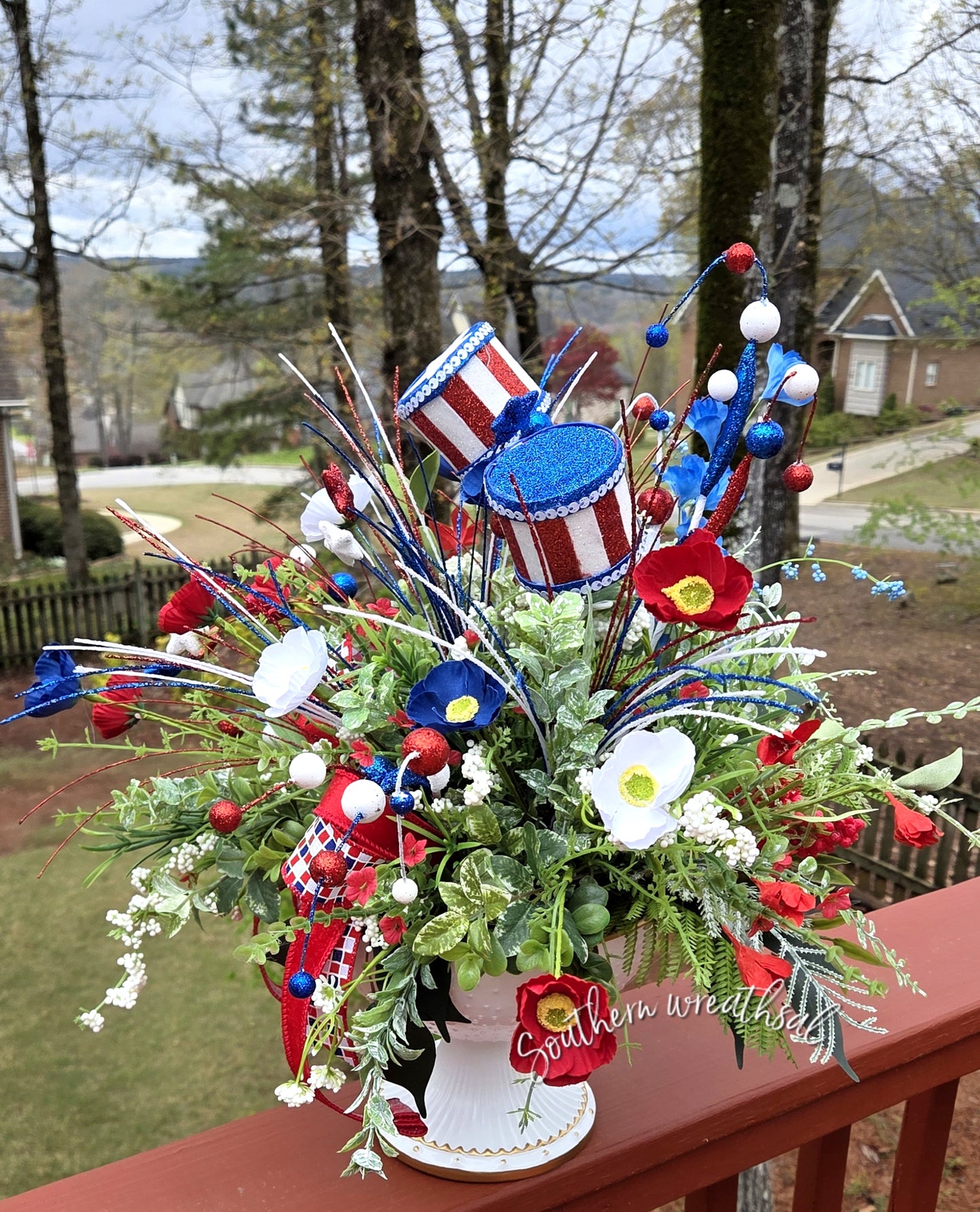 Patriotic Poppy Floral Arrangement, Red White Blue July 4th Centerpiece,