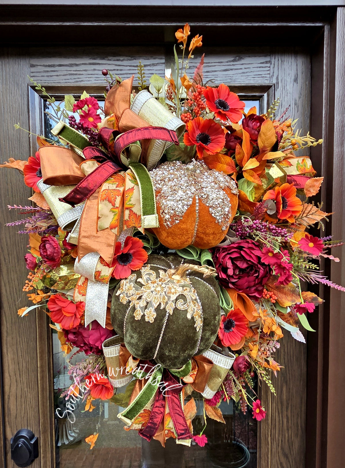 Deluxe Glam Velvet Pumpkin & Jeweled Fall Door Wreath