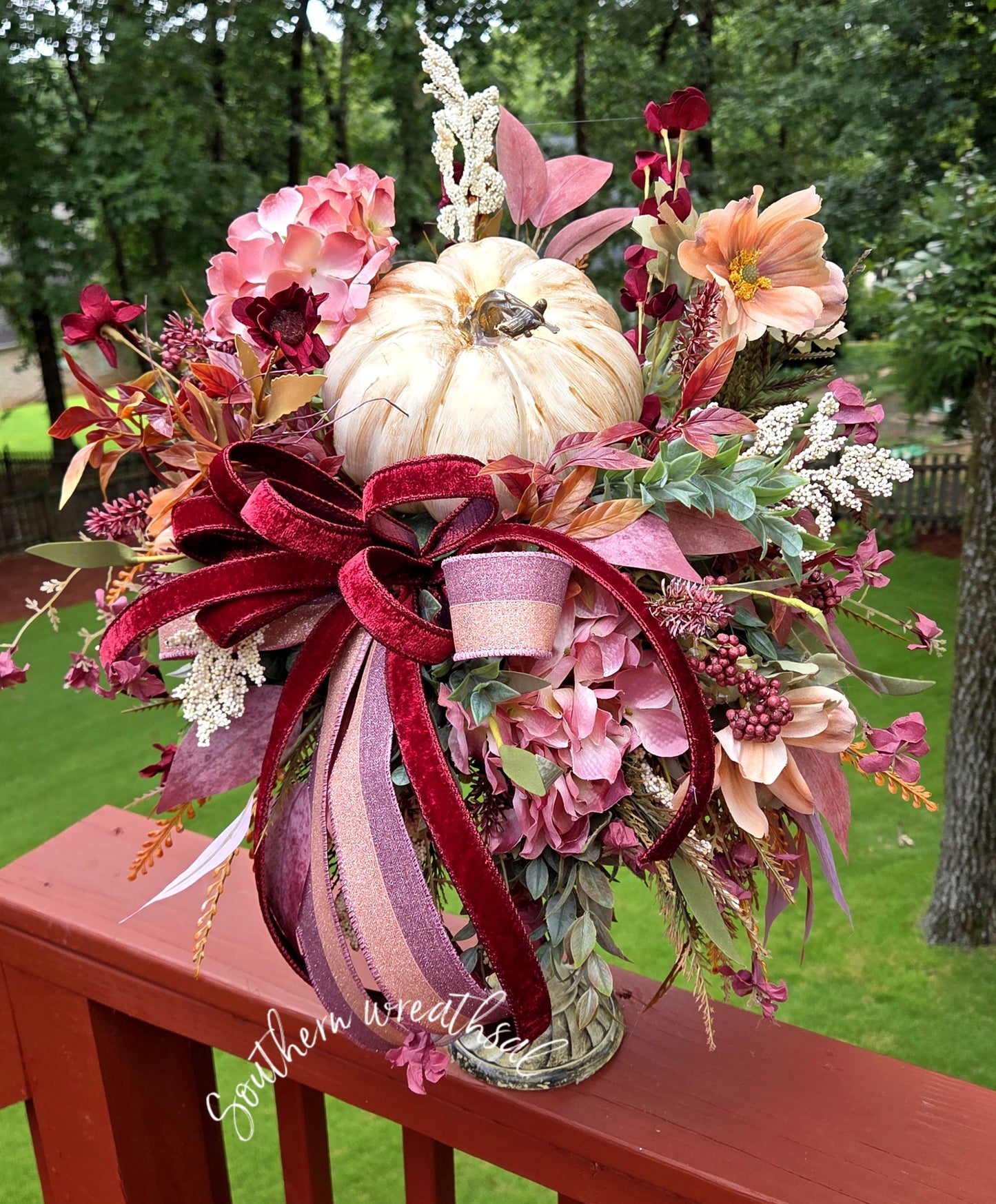 Deluxe Mauve Burgundy Pumpkin Floral Arrangement