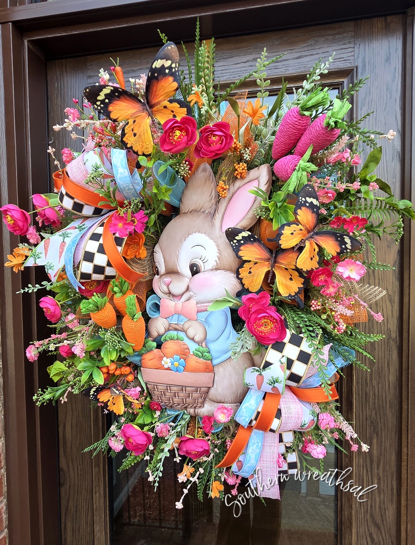 Whimsical Easter Bunny Wreath with Carrot Basket & Butterflies