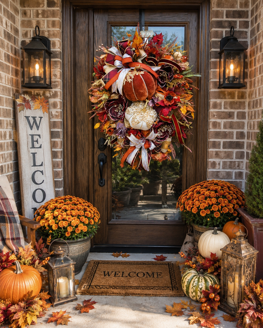 Luxury Fall Pumpkin Wreath, Burgundy Orange Gold Autumn Wreath, Velvet Pumpkin Front Door Decor, Elegant Thanksgiving Wreath