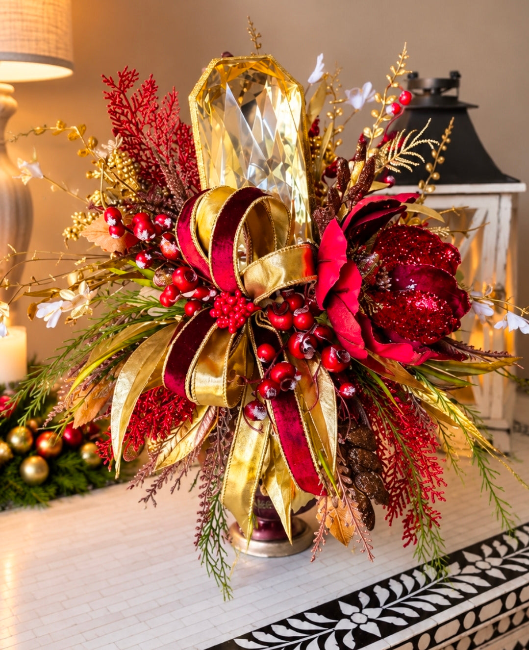 Burgundy and Gold Magnolia Christmas Arrangement, Elegant Holiday Centerpiece