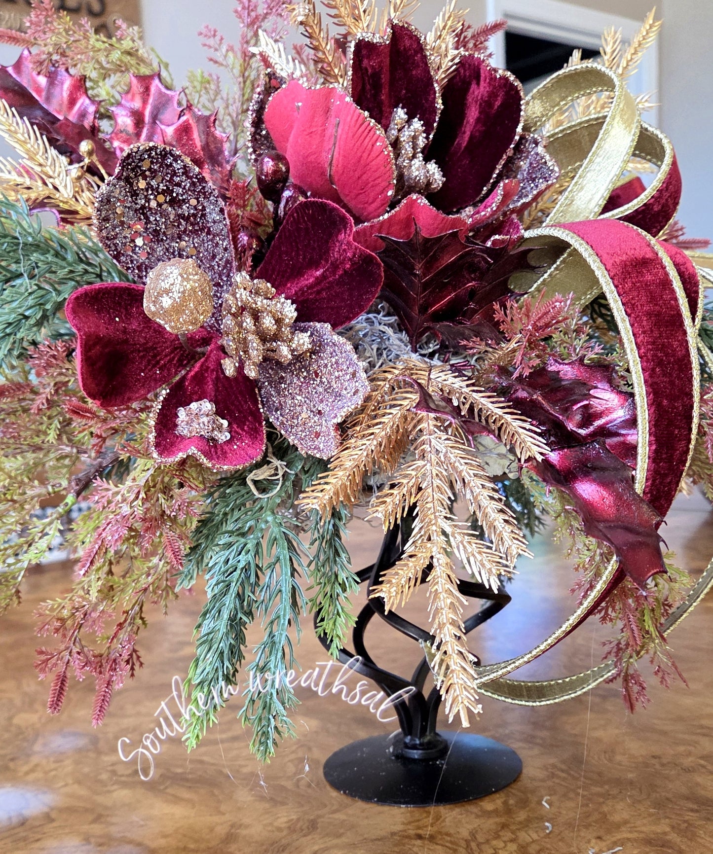 Burgundy & Gold Magnolia Christmas Centerpiece | Luxury Holiday Floral