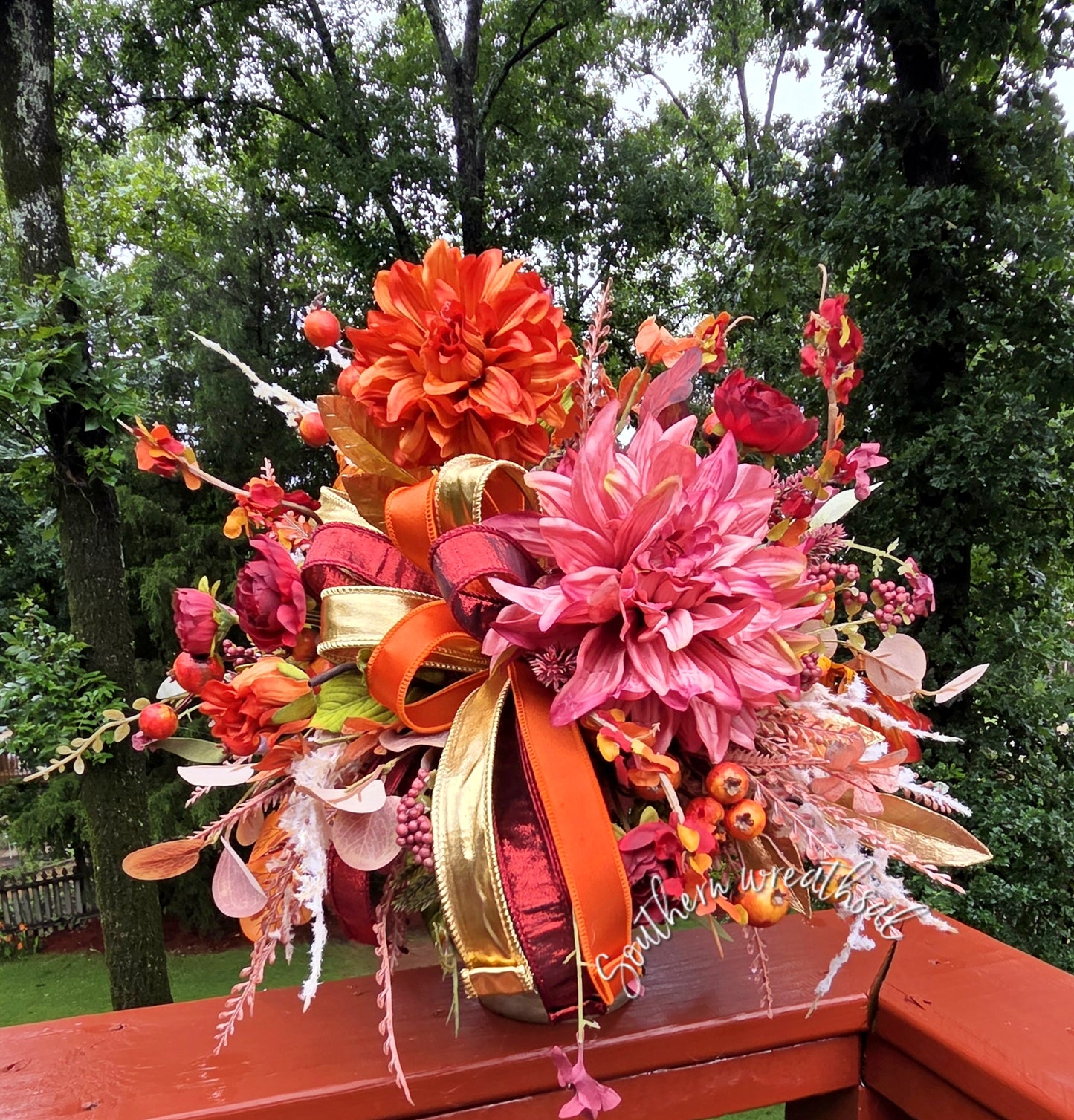Deluxe Orange & Burgundy Dahlia Fall Floral Arrangement