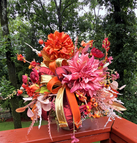 Deluxe Orange & Burgundy Dahlia Fall Floral Arrangement