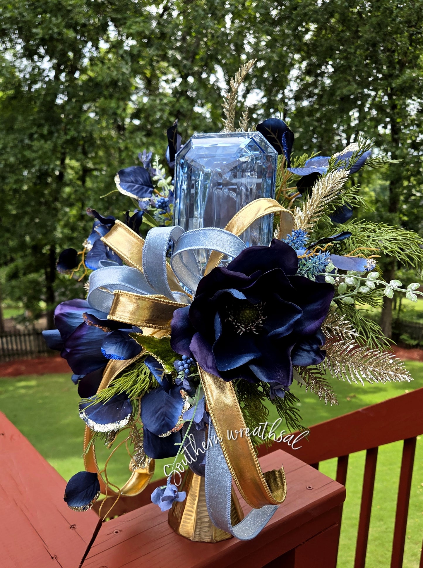 Navy Blue Fall Magnolia & Gem Floral Arrangement