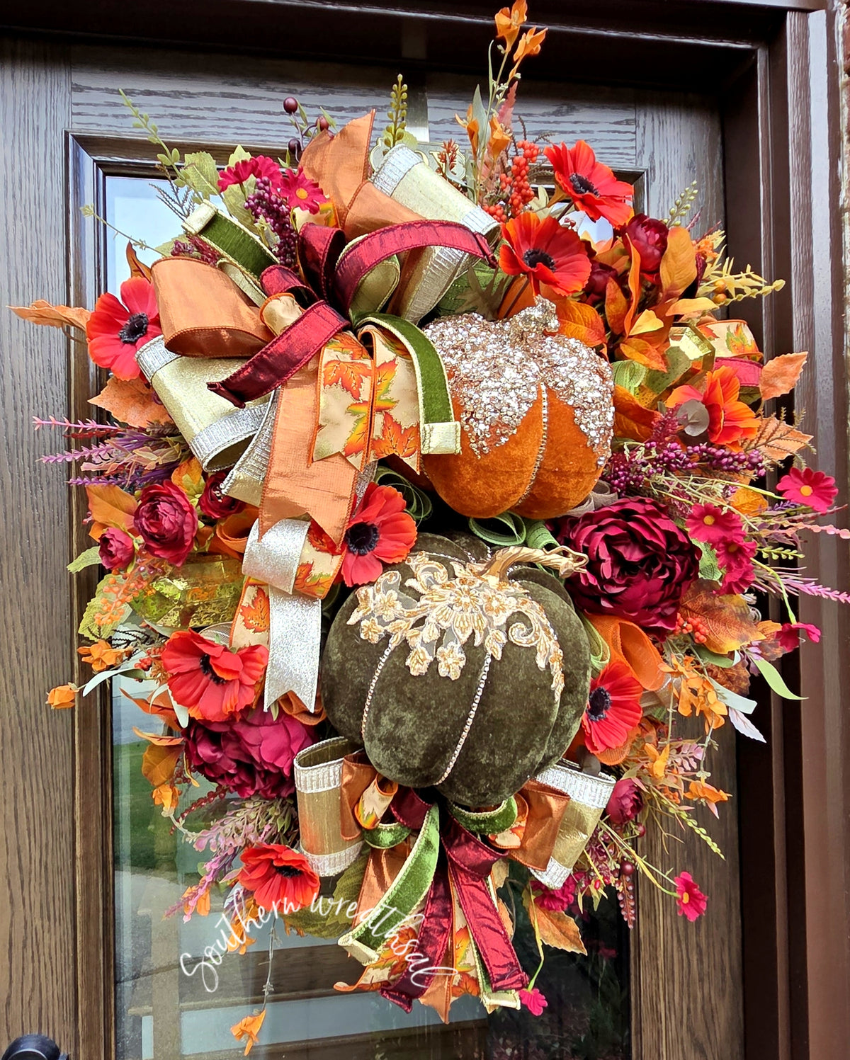 Deluxe Glam Velvet Pumpkin & Jeweled Fall Door Wreath