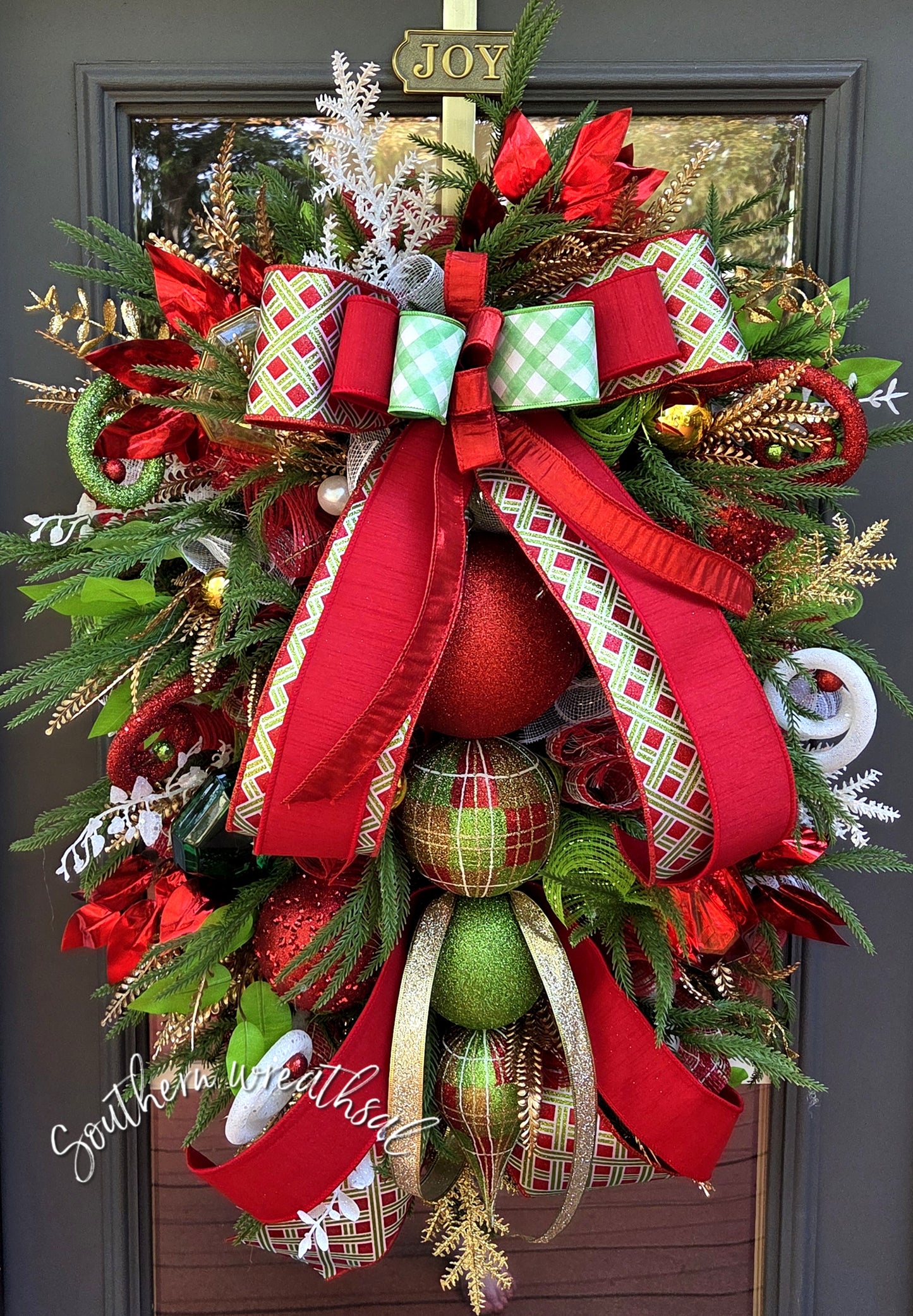 Deluxe Christmas Finial Door Wreath - Red Green Plaid Holiday Decor