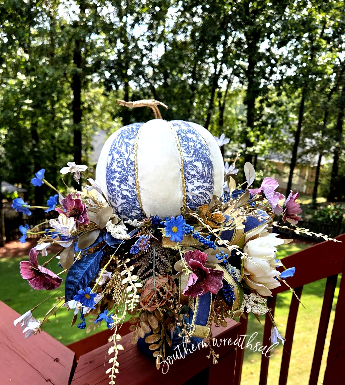 Blue & Cream Velvet Pumpkin Fall Arrangement | Elegant Navy & Gold Centerpiece