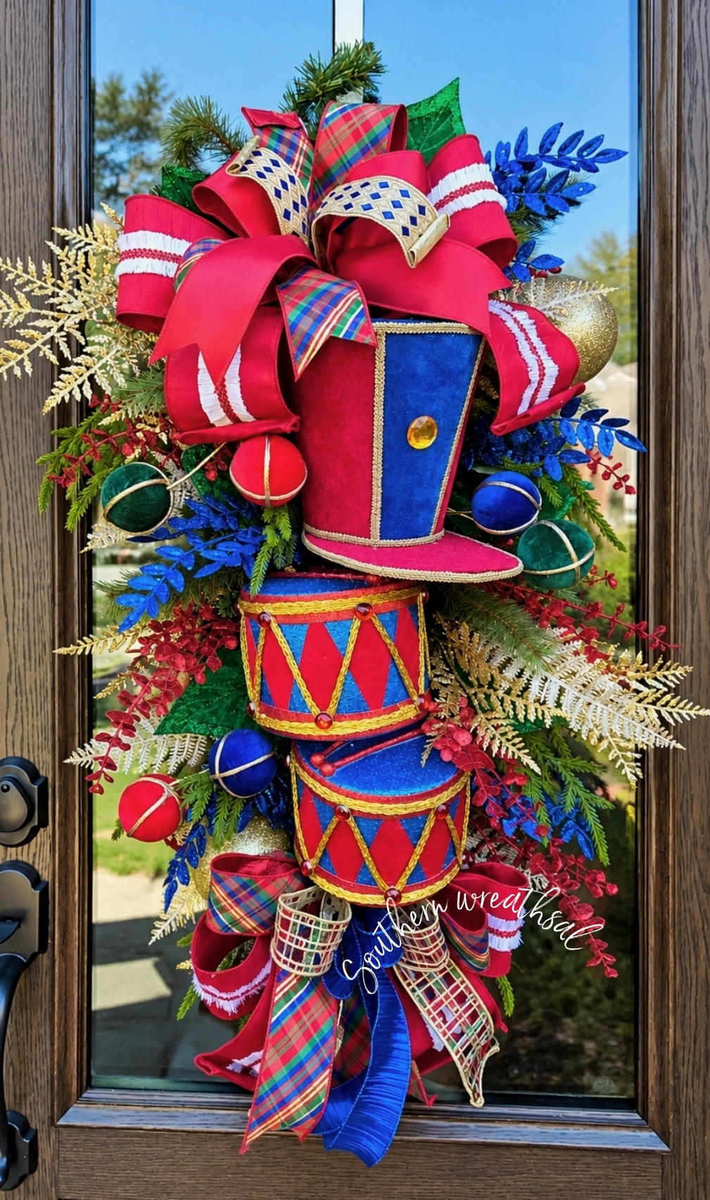 Christmas Nutcracker Drum Set Door Wreath- Red, Green and Blue