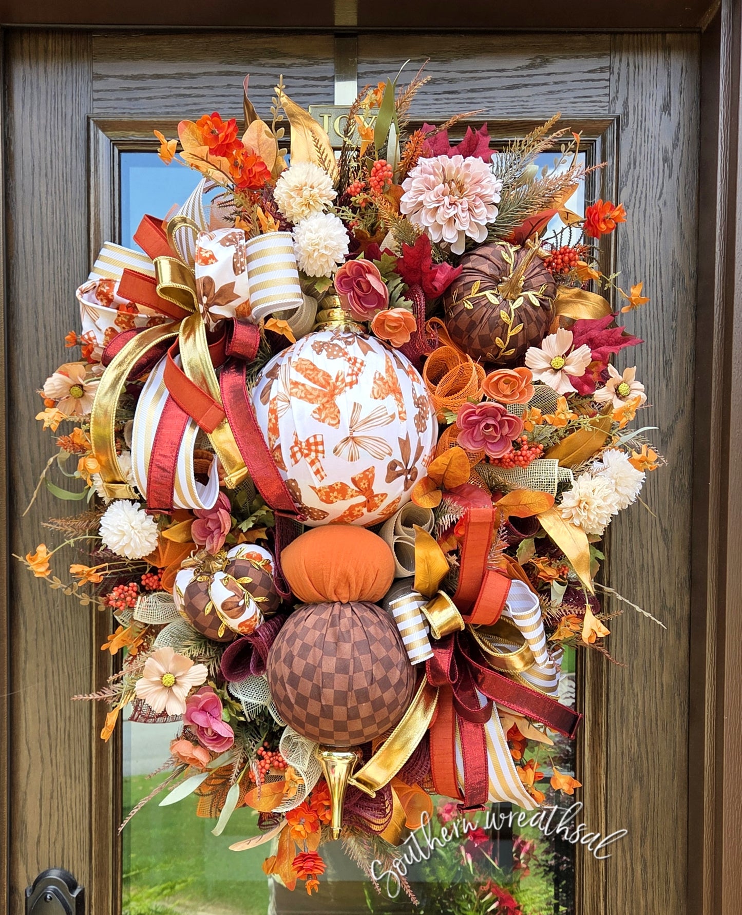 Deluxe Fall Finial Door Wreath – Luxury Designer Autumn Front Door Decor