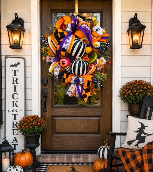 Halloween Monster Wreath, Whimsical Black & White Pumpkin Halloween Wreath