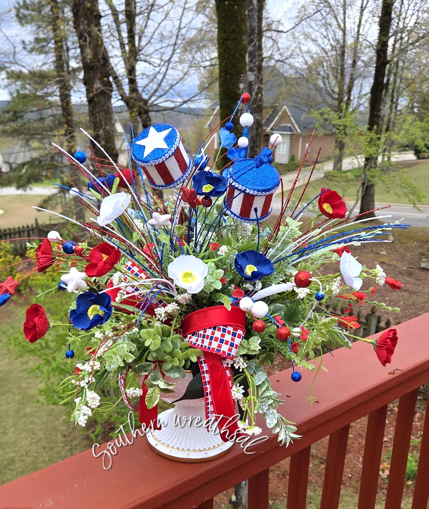 Patriotic Poppy Floral Arrangement, Red White Blue July 4th Centerpiece,
