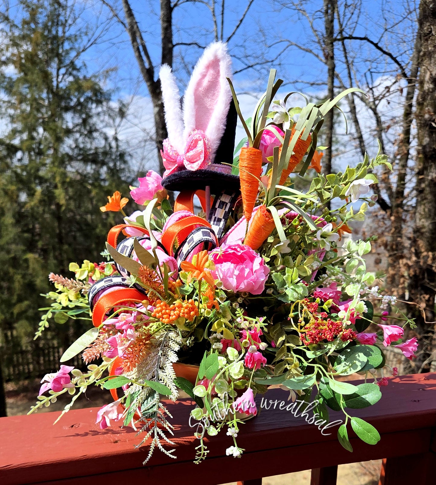 Pink Easter Bunny Floral Arrangement - Spring Bunny Centerpiece with Carrots