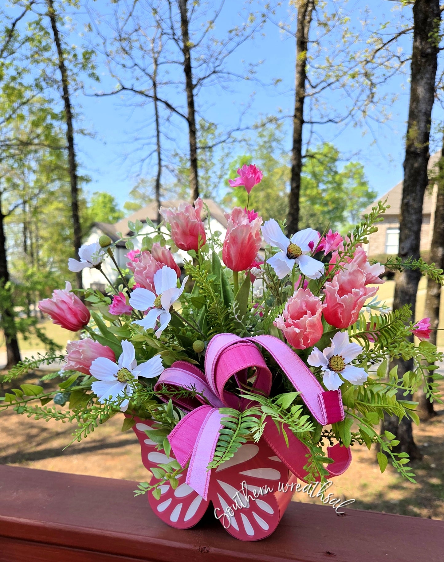 Pink Parrot Tulip Butterfly Floral Arrangement – Spring Summer Centerpiece with Designer Ribbon Bow and Lush Greenery