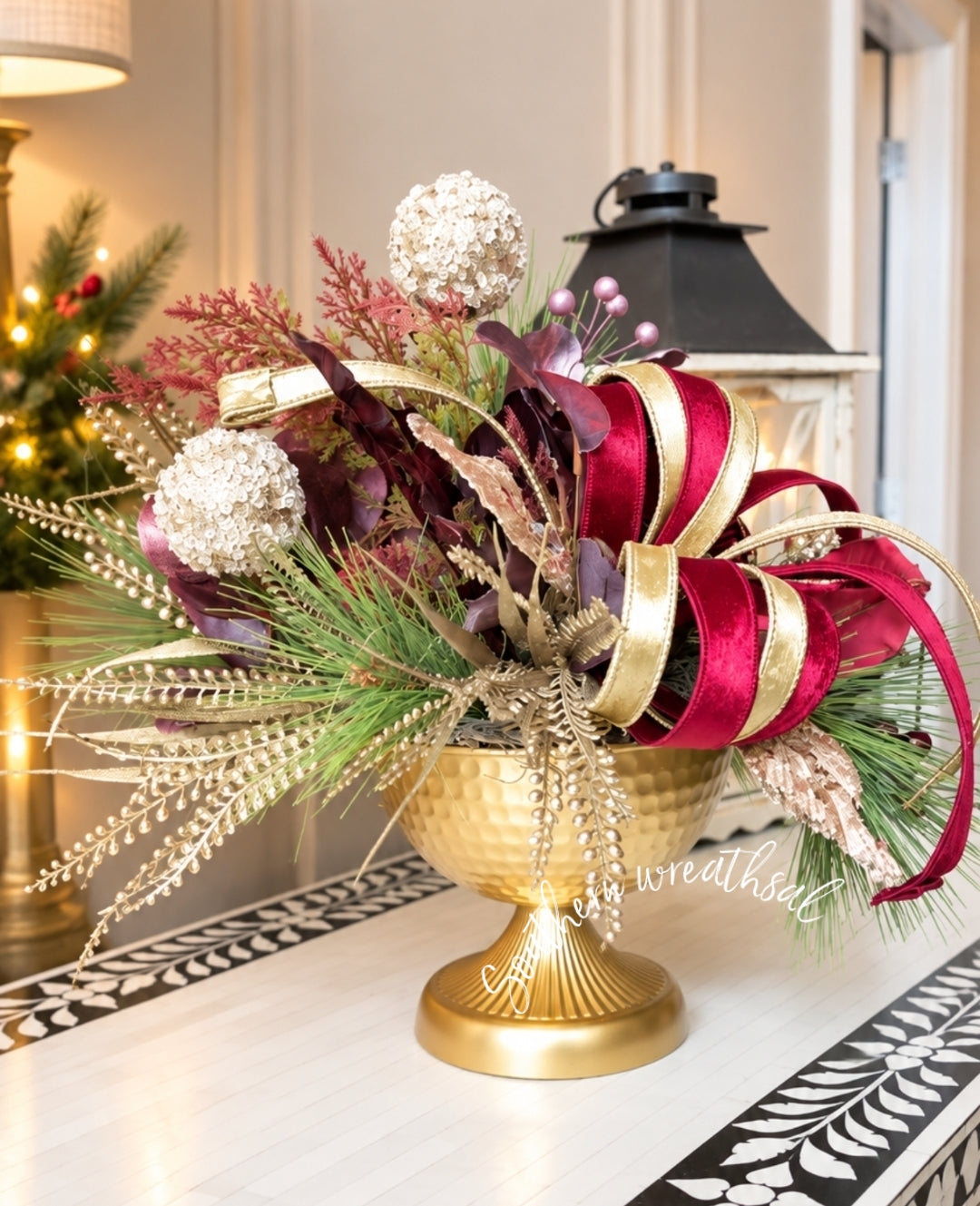 Elegant Burgundy Velvet Magnolia Christmas Centerpiece